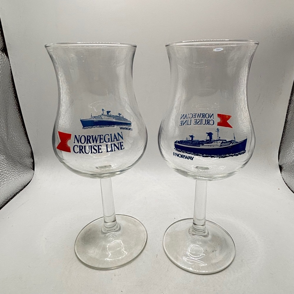 Vintage Norwegian Cruise Line SS Norway Hurricane Glasses Set of 2 Clear Stemmed